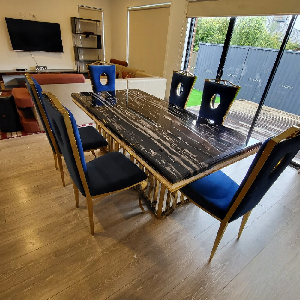 Elegant and Classy Black Grey Marble Dining Table With Gold Circle Blue Velvet Style Dining Room Chairs in Gold Stainless Steel Frame