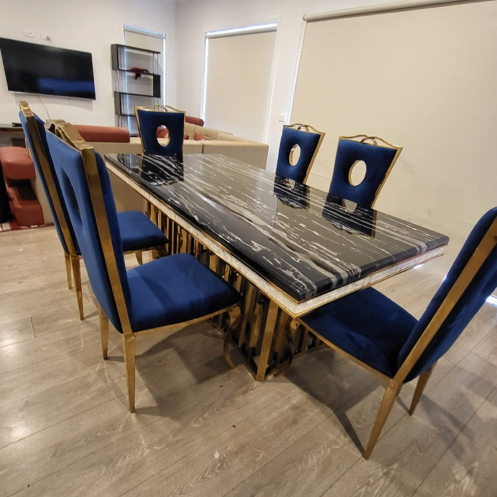 Elegant and Classy Black Grey Marble Dining Table With Gold Circle Blue Velvet Style Dining Room Chairs in Gold Stainless Steel Frame