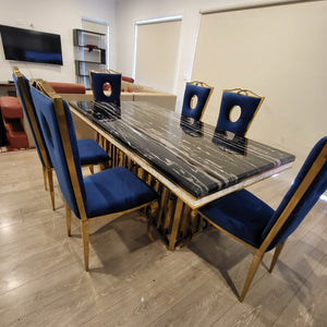 Elegant and Classy Black Grey Marble Dining Table With Gold Circle Blue Velvet Style Dining Room Chairs in Gold Stainless Steel Frame