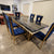 Elegant and Classy Black Grey Marble Dining Table With Gold Circle Blue Velvet Style Dining Room Chairs in Gold Stainless Steel Frame