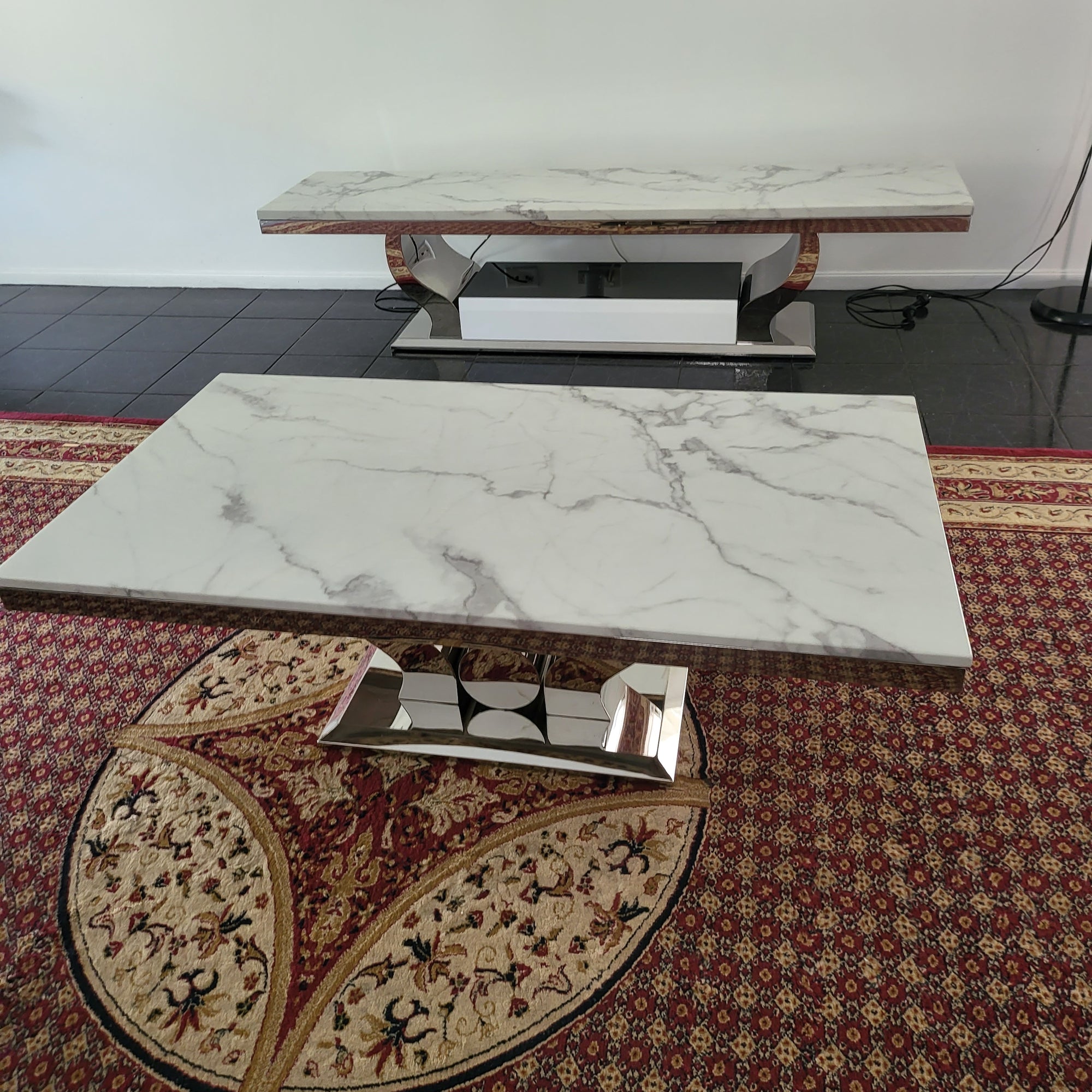 Coffee Table and TV Stand in Silver and White-Grey Marble