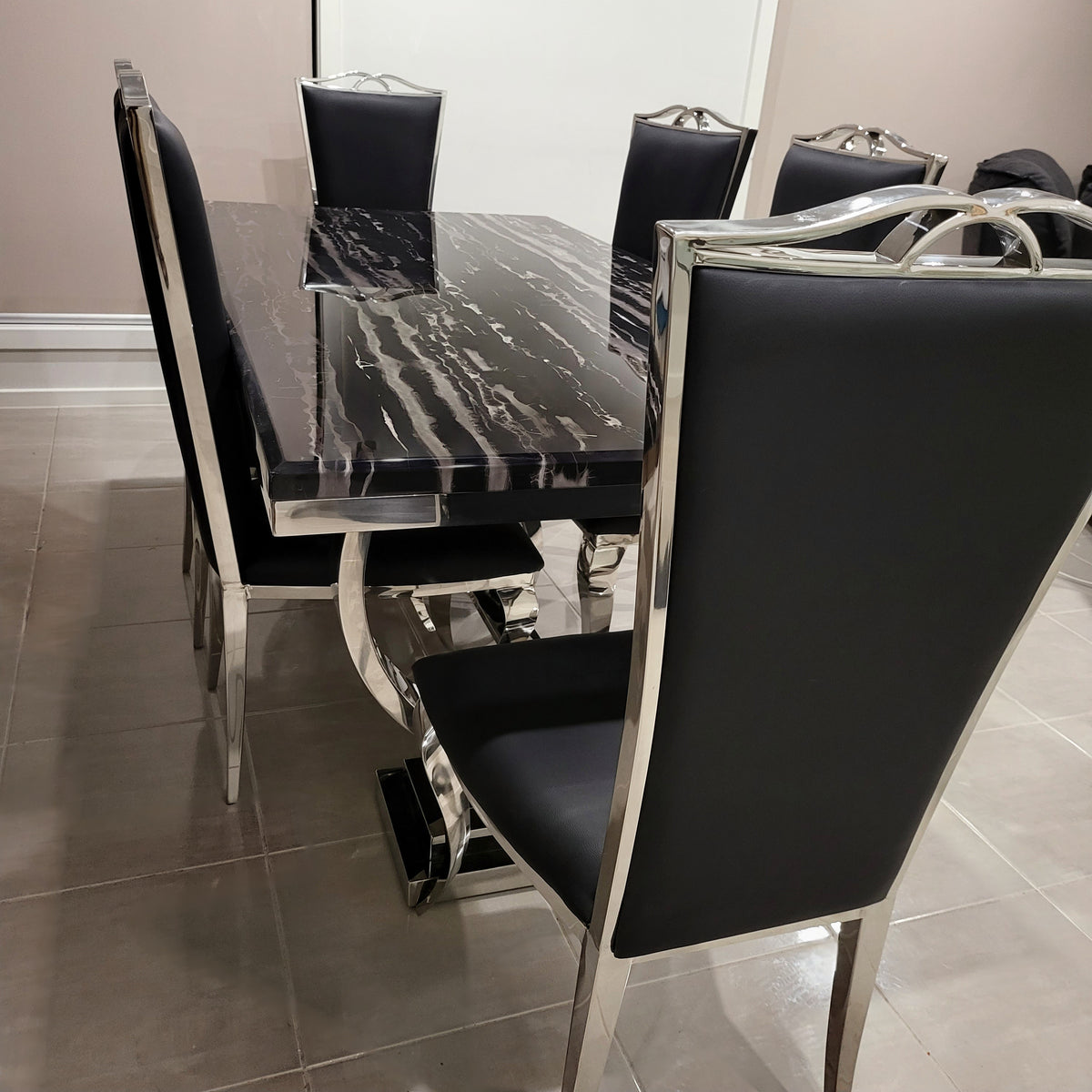 Classic Marble-Top Dining Table with six chairs