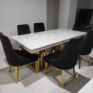 Elegant Dining Table with White-Grey Marble and Gold Dining Room Chairs with Gold Stainless Steel Frame in Black Velvet Material