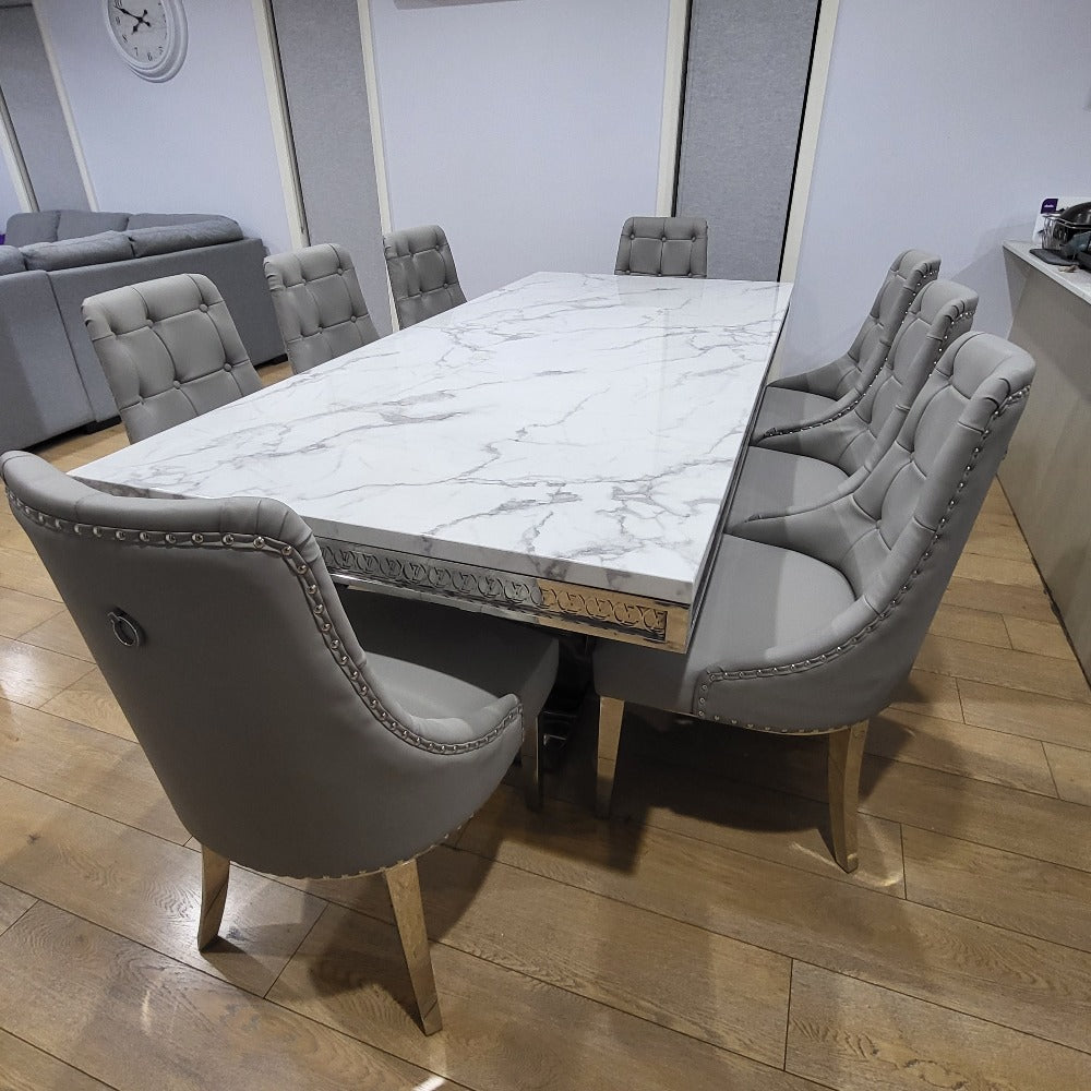 Elegant and Classy LV Marble Dining Table With Modern Grey Leather Dining Room Chairs with Silver Stainless Steel Frame