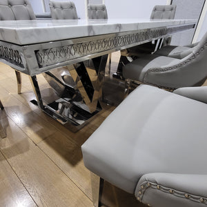 Luxurious LV Style Modern Classy White Grey Marble Dining Table with 8 Modern Grey Leather in Silver Stainless Steel frame