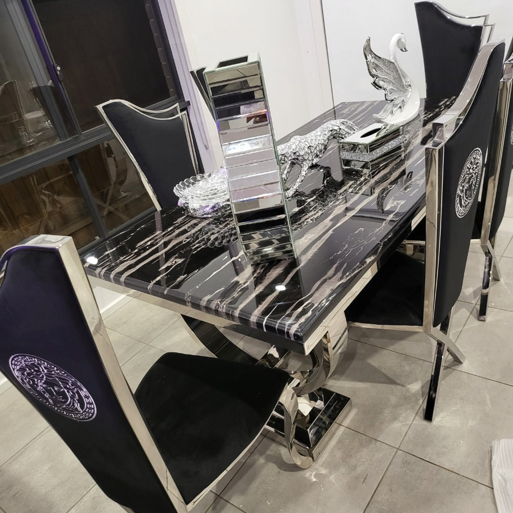 RBM Classic Home Online Furniture Store / Shop With Cheap / Discounted Prices. Luxurious and Stylish Classic Marble Dining Table with Silver Versace Classy Black Velvet Dining Room Chairs in Silver Stainless Steel Frame.