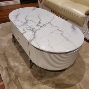 Marble Coffee Table in White MDF Material with Classic Silver Stainless Steel frame