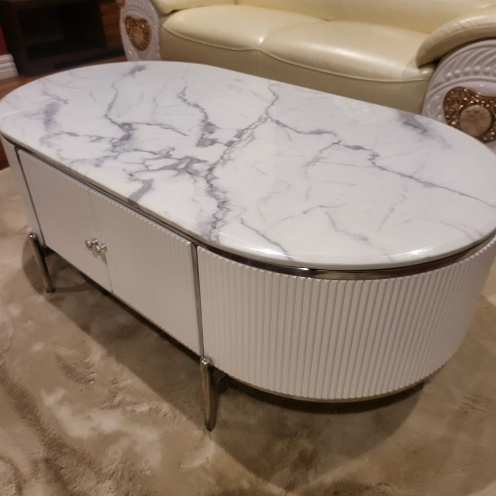Marble Coffee Table in White MDF Material with Silver Stainless Steel frame