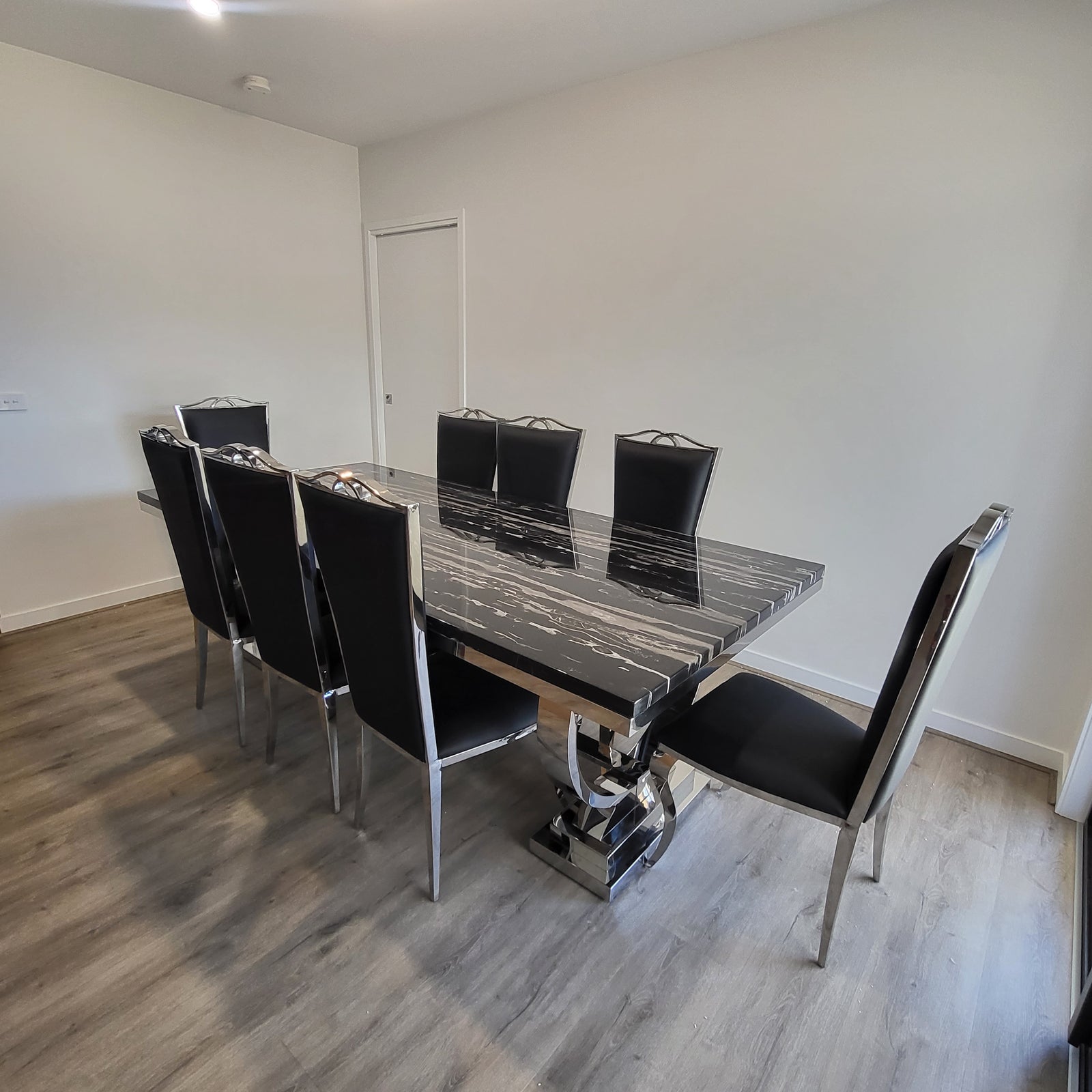 Black Dining Table with 8 Black Leather Dining Room Chairs