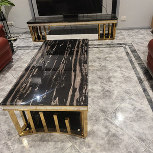 Elegant Modern-Designed Classic TV Stand with 2 Drawers in Gold Stainless Steel Frame With Black Grey Marble top