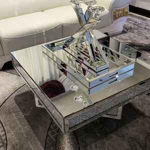 Modern and Classy Silver Mirrored Glass Square Coffee Table with Diamond-Crushed Glass