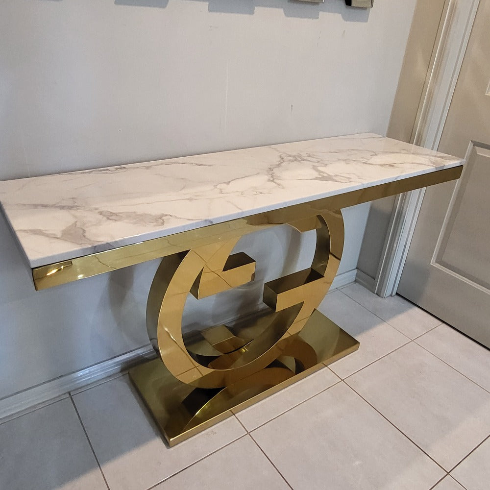 Modern Classy GG Style White Grey Marble Hallway Console Table in Gold Stainless Steel Frame