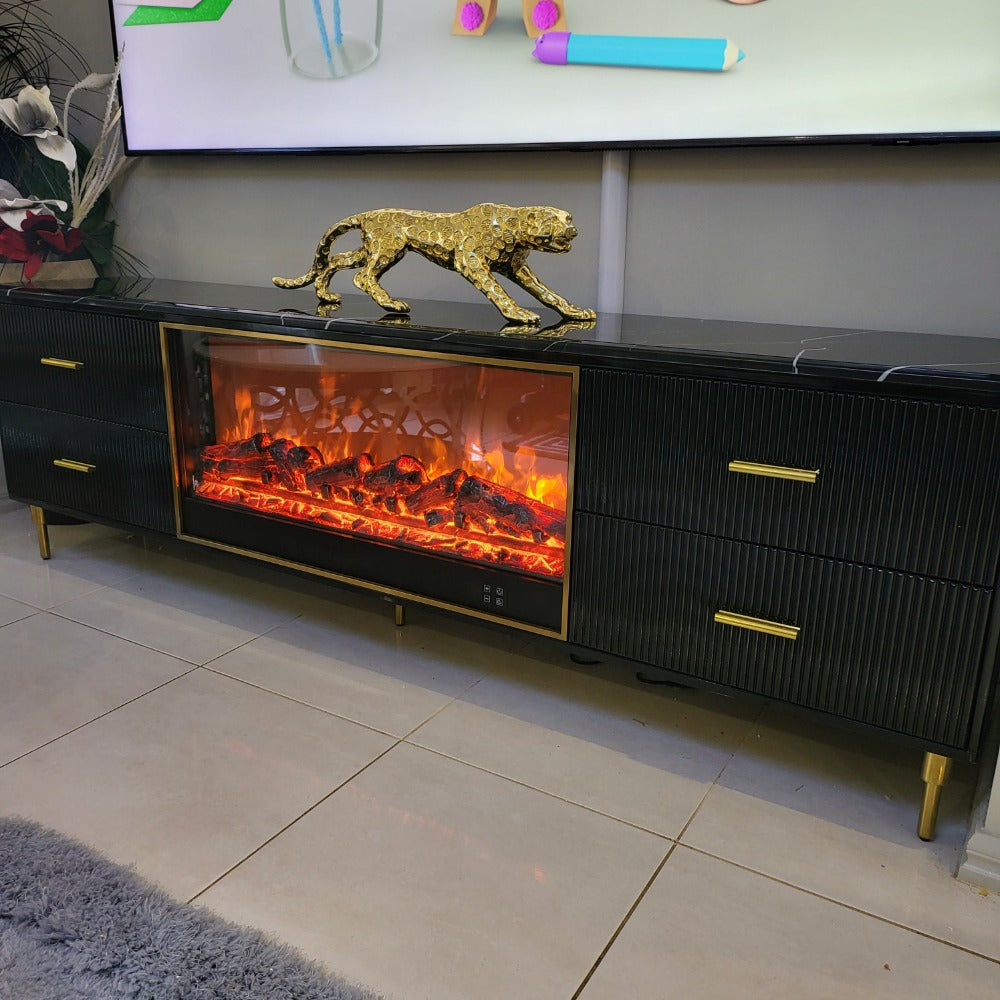 Classy Modern Black MDF Material with Bronze Stainless Steel Frame and Black White Marble TV Cabinet with a Fireplace Reflector and a Remote