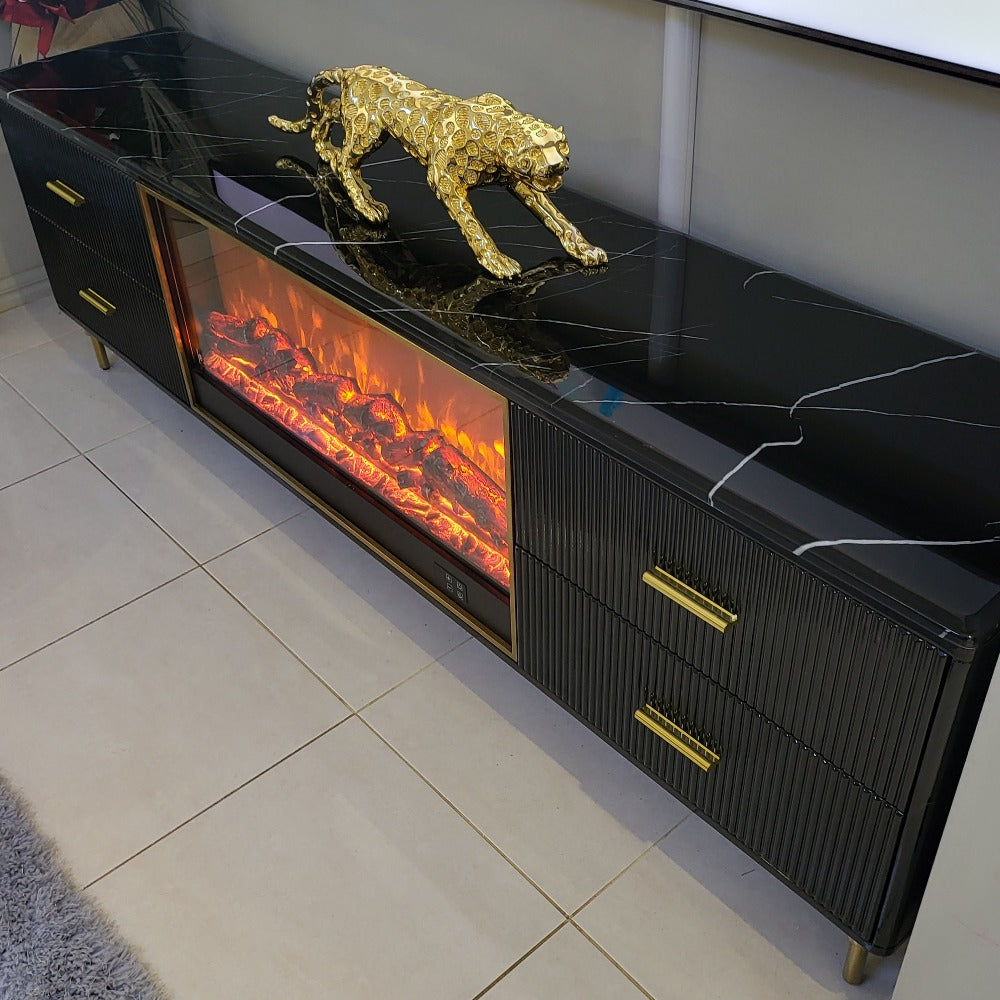Classy Modern Black MDF Material with Bronze Stainless Steel Frame and Black White Marble TV Cabinet with a Fireplace Reflector and a Remote