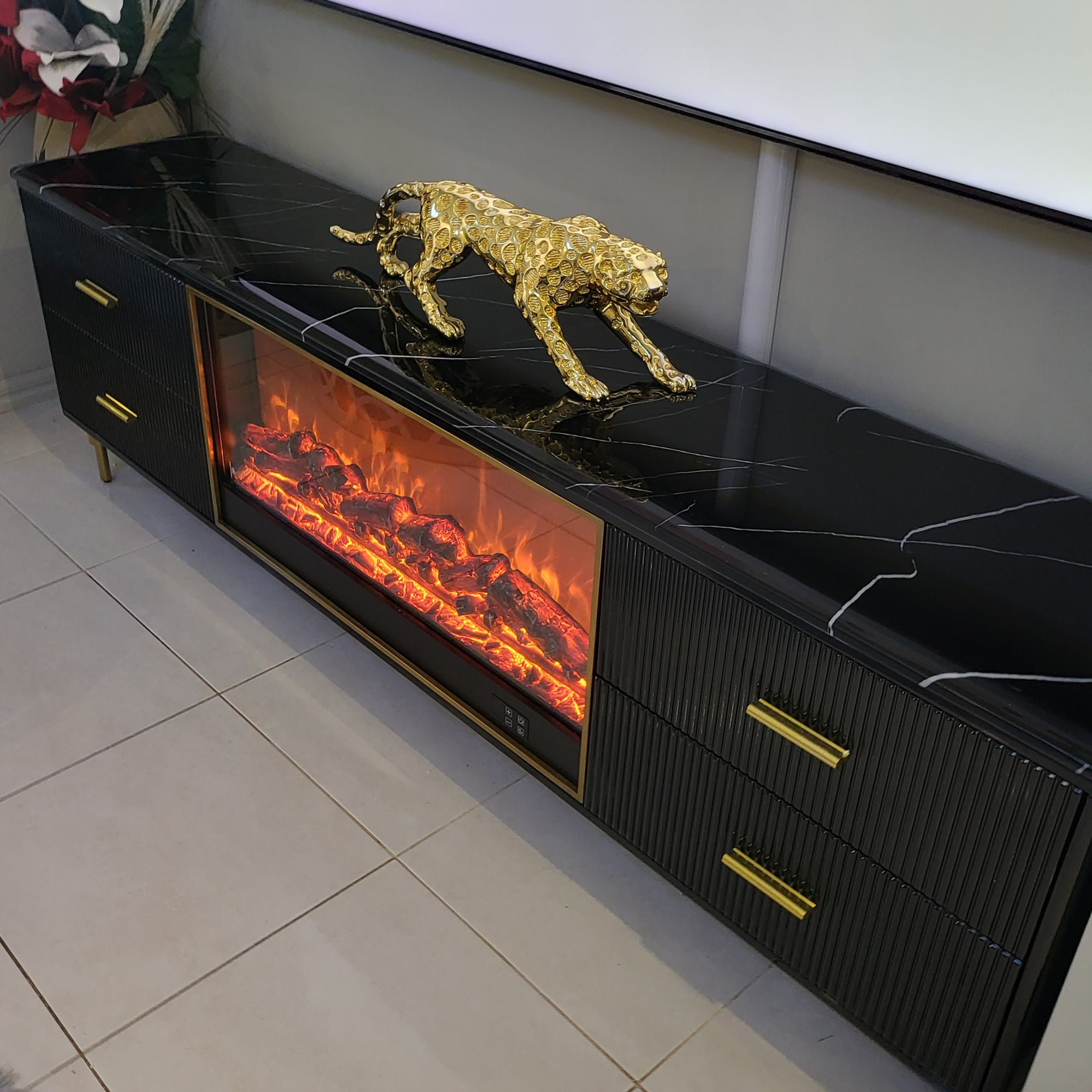 Classy Luxury Modern Black MDF Material with Bronze Stainless Steel Frame and Black White Marble TV Cabinet with a Fireplace Reflector and a Remote