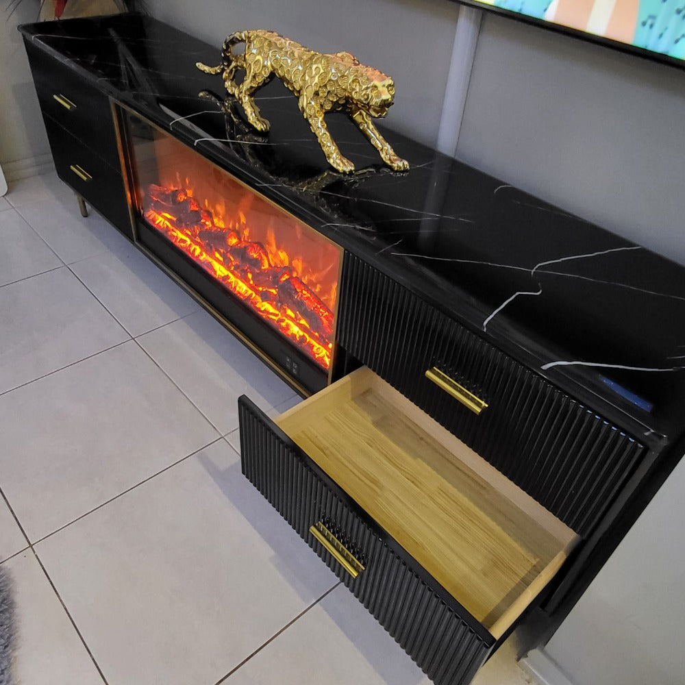 Classy Modern Black MDF Material with Bronze Stainless Steel Frame and Black White Marble TV Cabinet with a Fireplace Reflector and a Remote