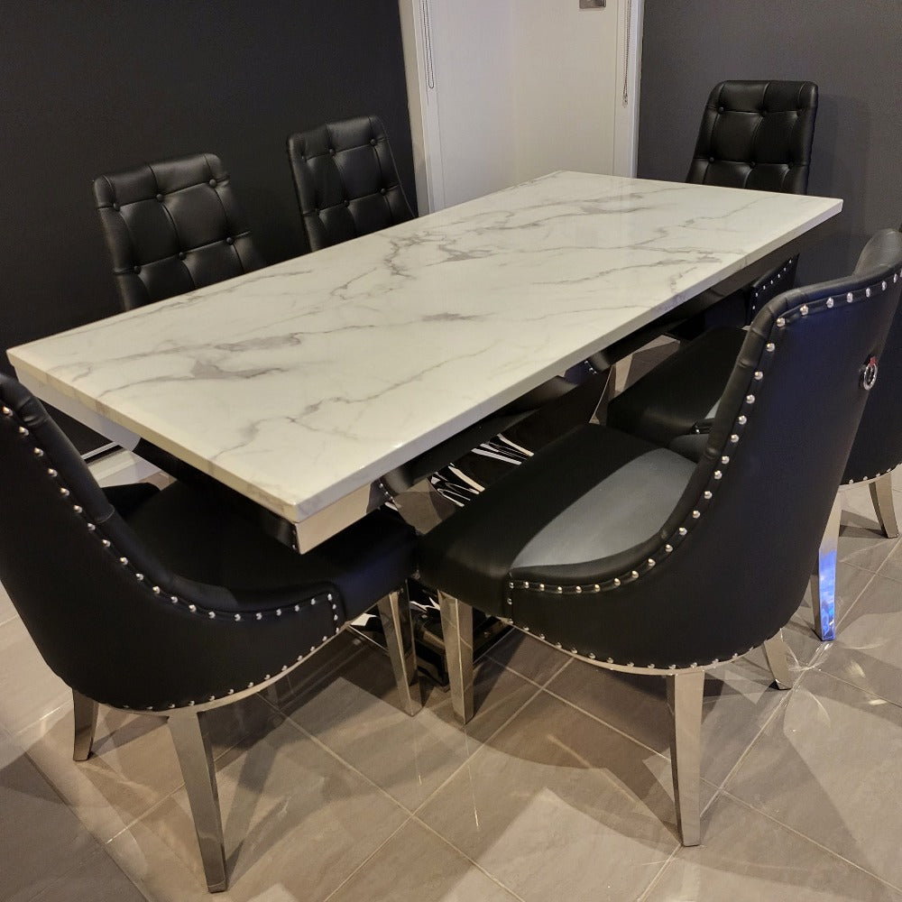 RBM Classic Home Online Furniture with Top Selling Dining Table White Grey Marble Top and 6 Stainless Steel Chairs in Silver