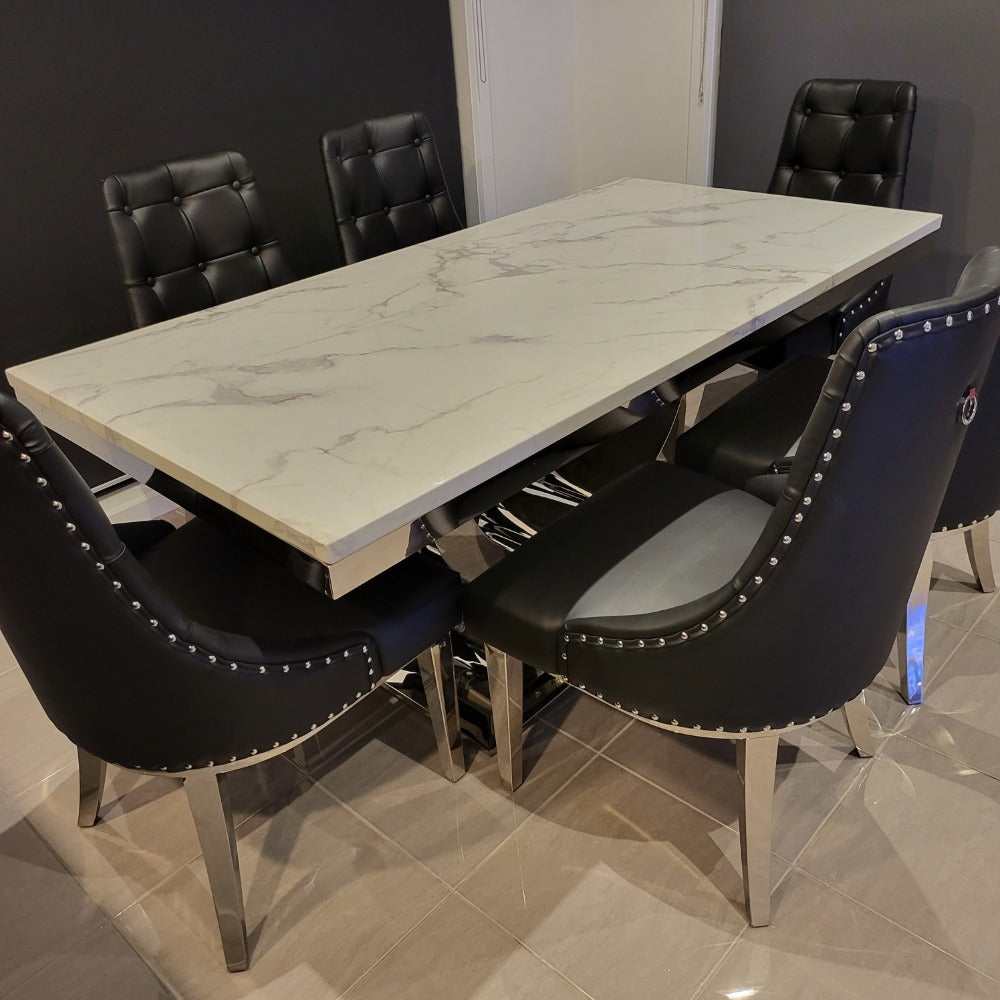 RBM Classic Home Online Furniture with Top Selling Dining Table Cream Marble Top and 6 Stainless Steel Chairs in Silver and Black Leather Dining Chairs