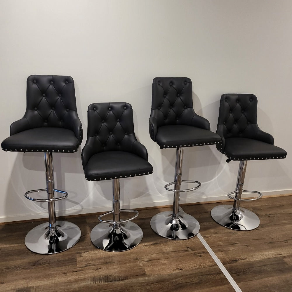 Modern High Barstools' with Silver Stainless Steel Frame and Black Leather