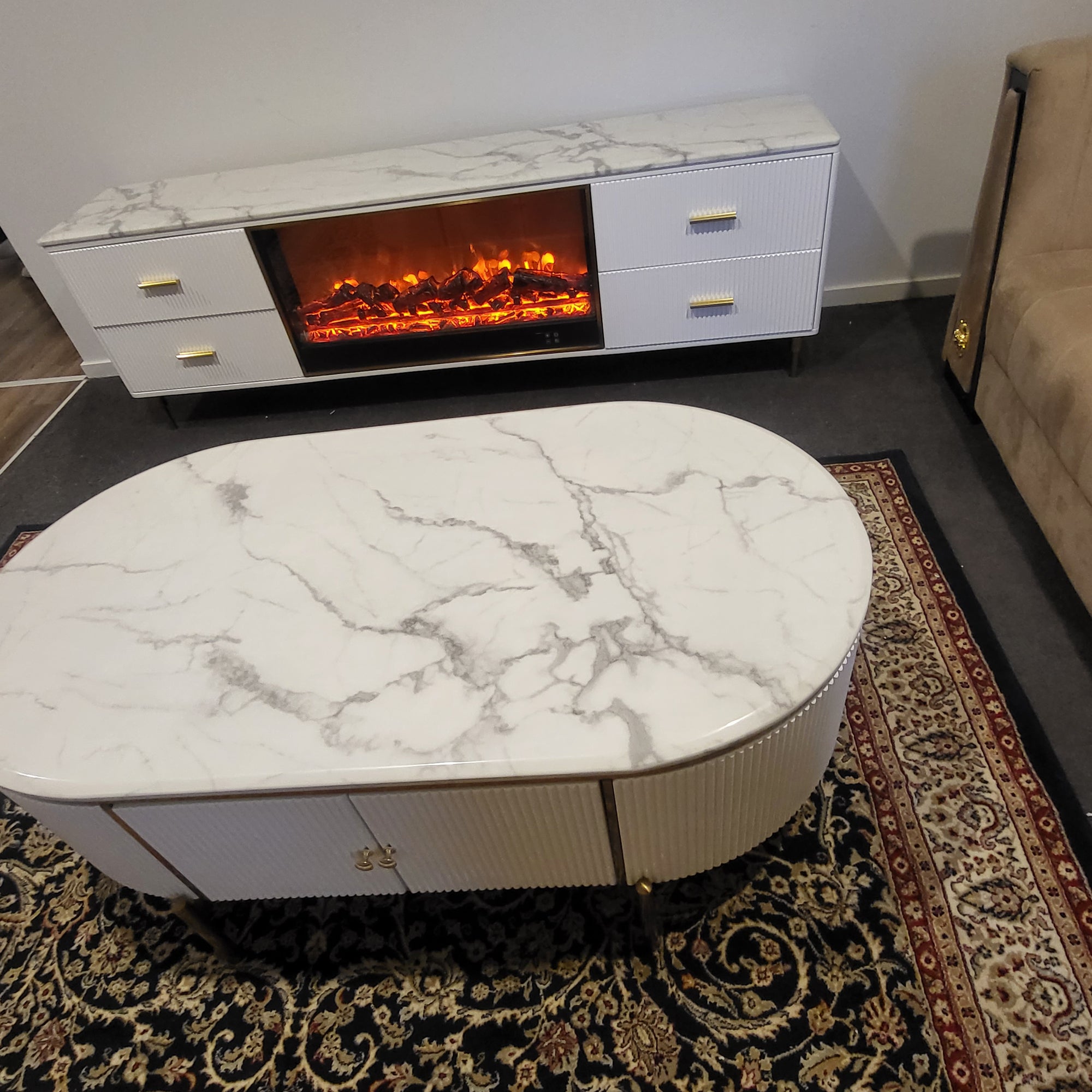 White MDF TV Stand with fireplace Reflector and Coffee Table with White-Grey Marble