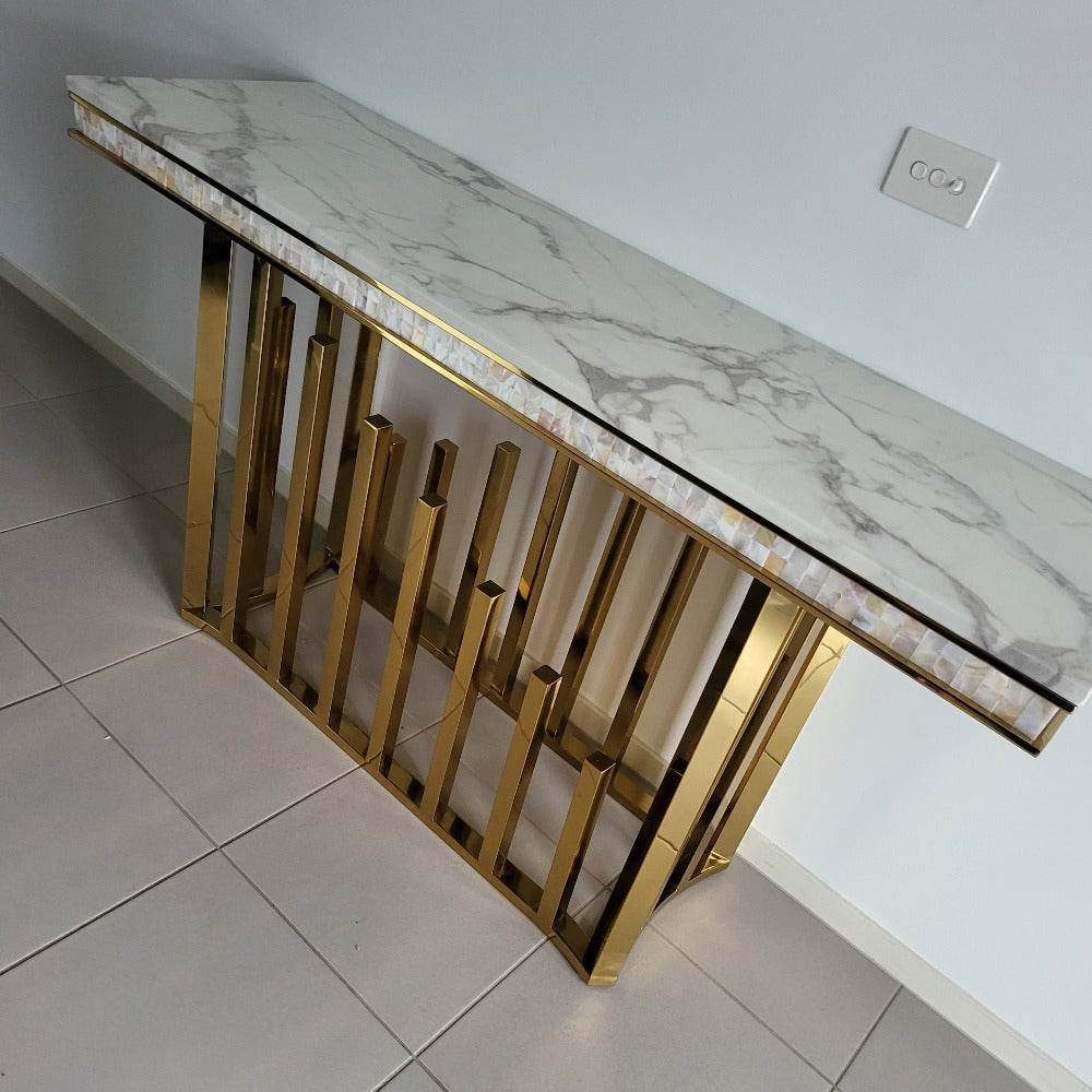 Luxurious and Stylish Elegant Marble Console Table with Silver Stainless Steel Frame.
