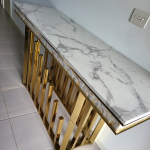 Modern, Luxurious and Stylish Elegant Marble Entry / Hallway / Console Table with Gold  Stainless Steel Frame.