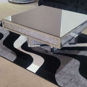 Silver Mirrored Glass Square Coffee Table with Diamond-Crushed Glass