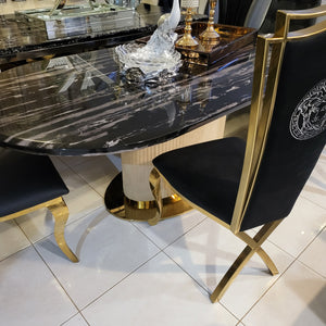Classy Luxurious and Stylish Elegant Marble Dining table with Gold Classy Black Velvet Dining Room Chairs in Gold Stainless Steel Frame