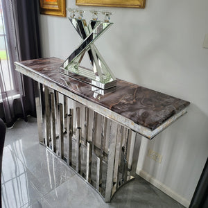Modern and Stylish Elegant Marble Console Table with Silver Stainless Steel Frame.