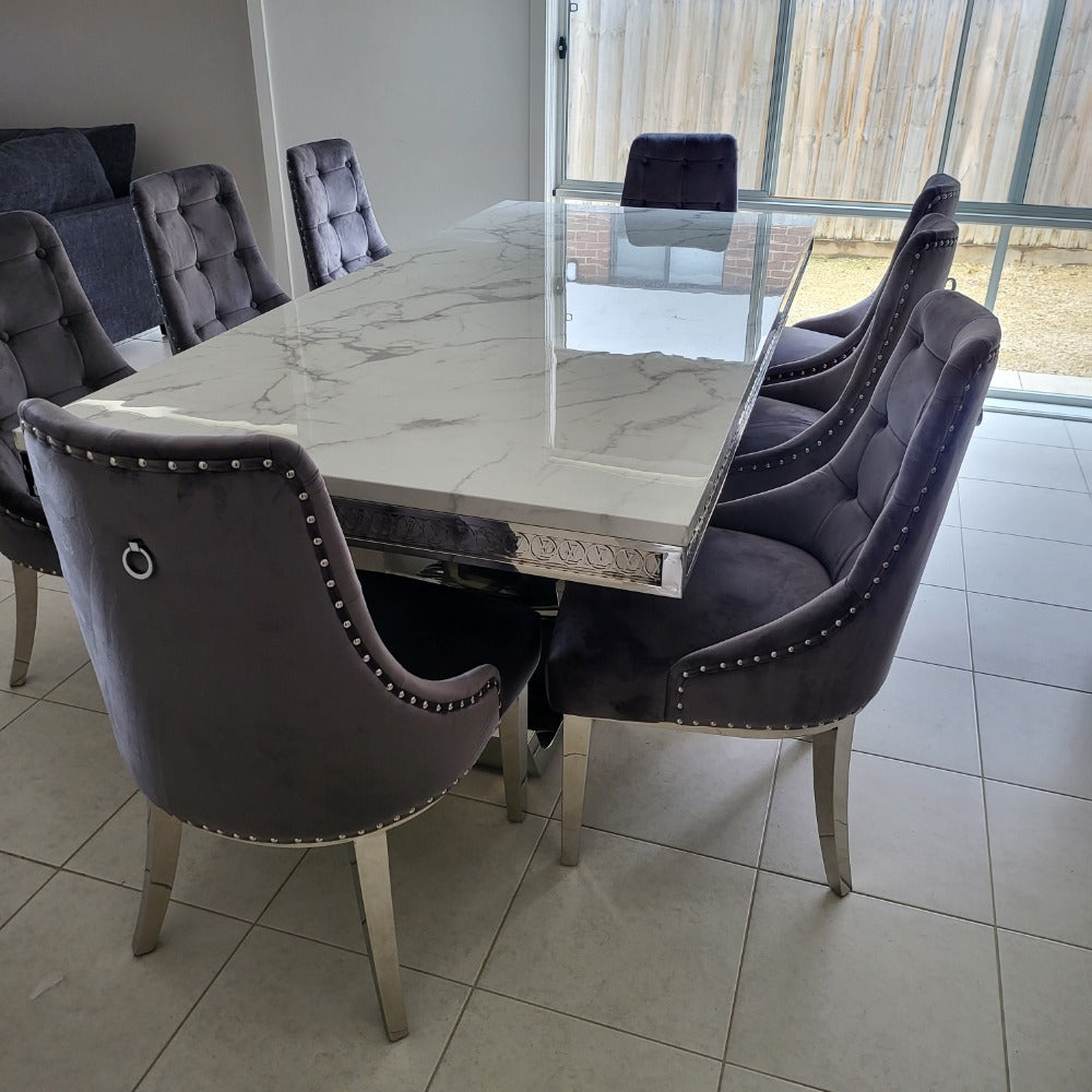 Elegant and Classy LV Marble Dining Table With Modern Grey Velvet Dining Room Chairs with Silver Stainless Steel Frame