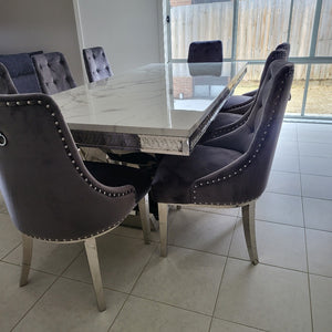 Beautiful, Elegant and Classy LV Marble Dining Table With Modern Grey Velvet Dining Room Chairs with Silver Stainless Steel Frame