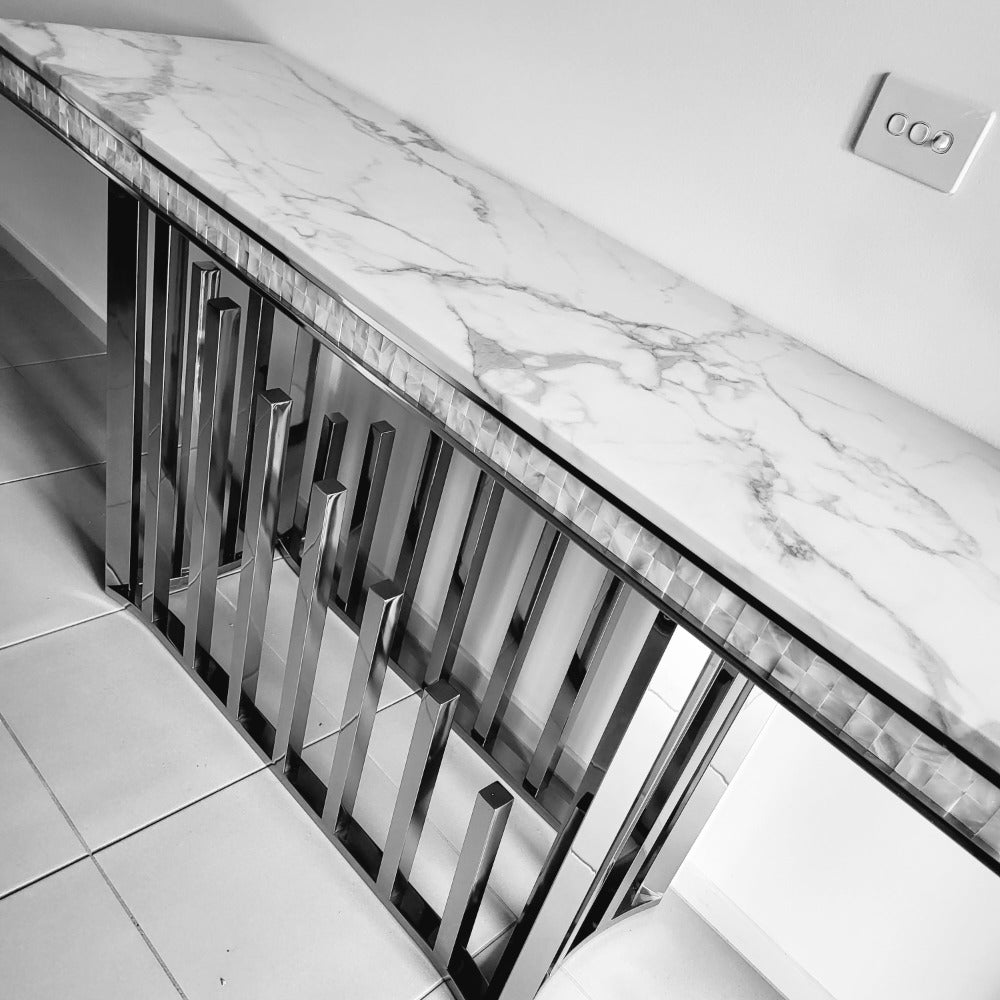 Luxurious and Stylish Elegant Marble Console Table with Silver Stainless Steel Frame.