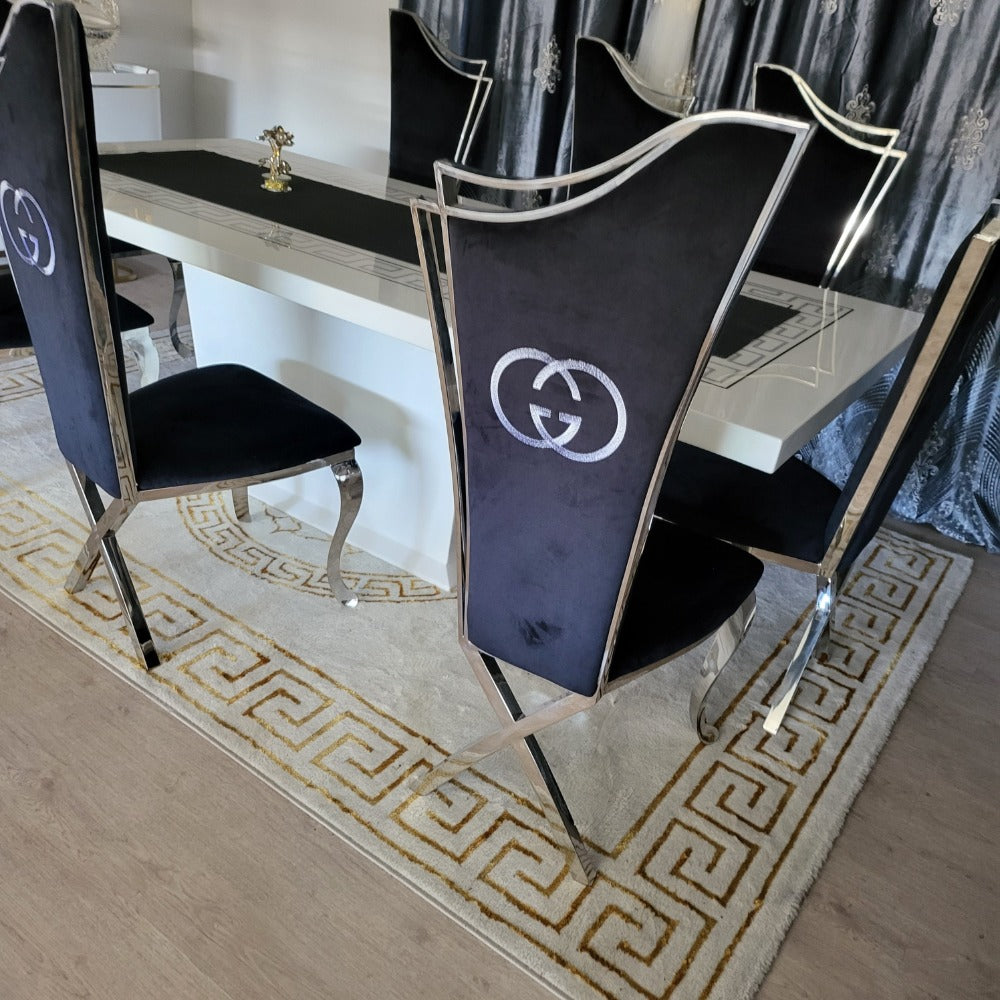 Elegant, Beautiful and Classy Versace Marble Dining Table With GG Black Velvet Dining Room Chairs with Silver Stainless Steel Frame