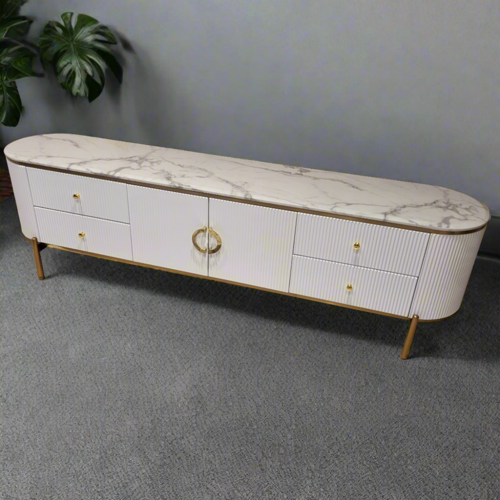 Classy Modern White TV Stand / Unit / Entertainment Unit in White MDF Material with 4 Storage Drawers and 2 Shelves with a matching coffee table