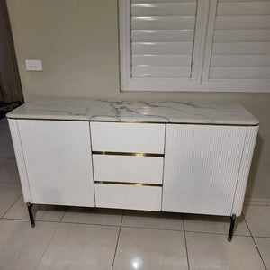 White Buffet Cabinet is Timeless, Versatile and Stylish with Gold Stainless Steel Frame