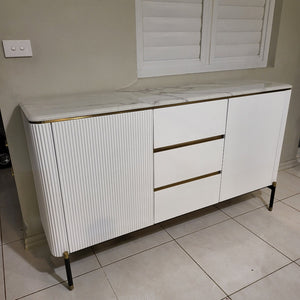 Exclusive White Buffet Cabinet is Timeless, Versatile and Stylish with Gold Stainless Steel Frame