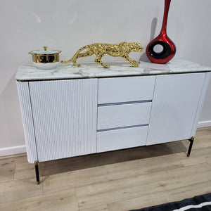 Modern White MDF Buffet Cabinet is Timeless, Versatile and Stylish with Gold Stainless Steel Frame