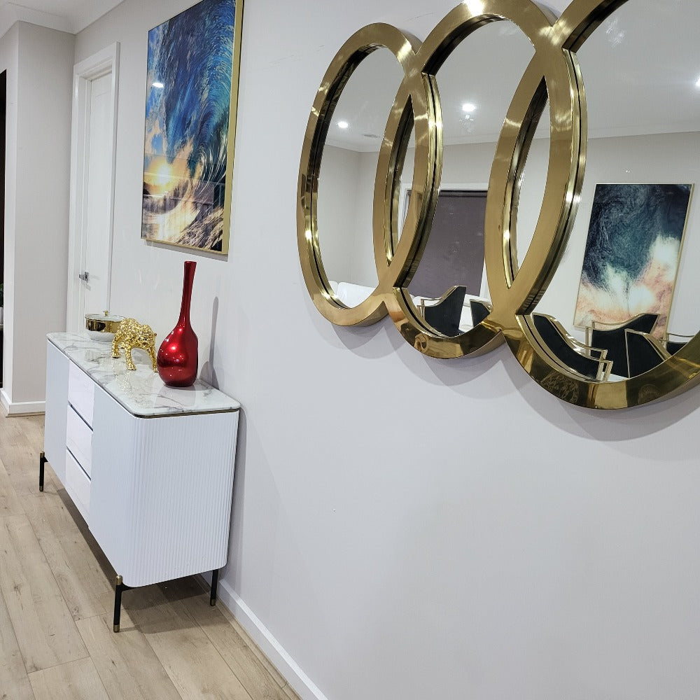 Modern White MDF Buffet Cabinet is Timeless, Versatile and Stylish with Gold Stainless Steel Frame