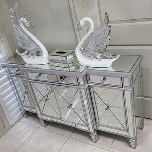 Modern Glass Mirrored Dining Room Buffet Cabinet with 4 Shelves and 3 drawers in Silver 