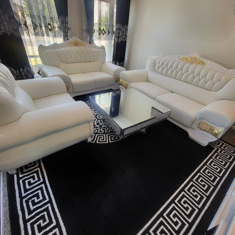 Real / Genuine Leather Sofas / Couches in White with 24 karat Gold Trims and Modern Solid Wood Finish