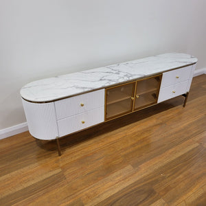 Classy Modern TV Stand / Unit / Entertainment Unit in White MDF Material with 4 Storage Drawers and 2 Shelves with a White Matching Coffee Table
