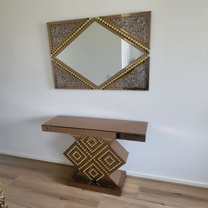 Diamond Shaped Console Table and Mirror in Rose Gold with Diamond-Crushed Glass Crystals