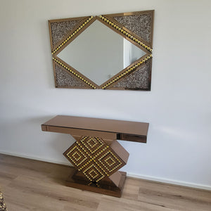 Stylish Modern Classy Glass Mirrored Glass Hallway / Entry Console Table and Mirror with Diamond Crushed Glass in Rose Gold