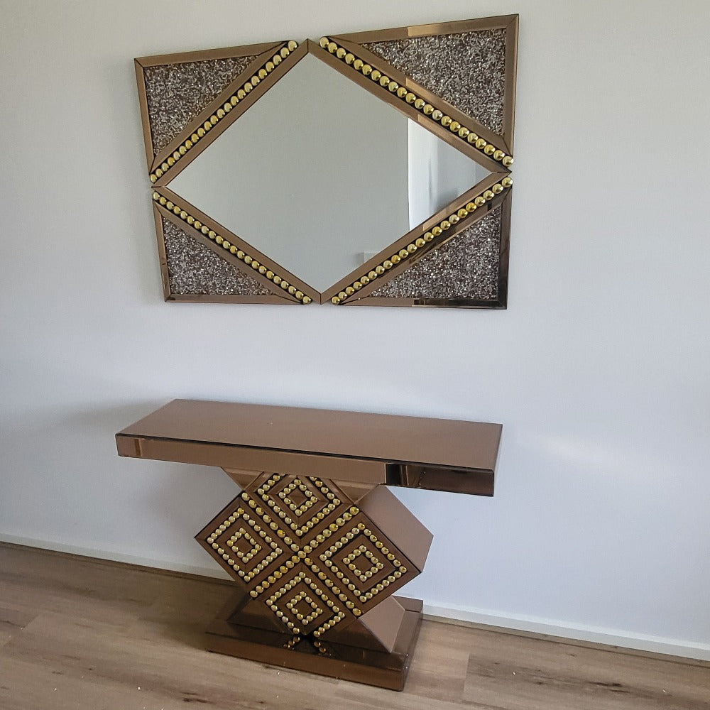 Silver Modern Classy Glass Mirrored Glass Hallway / Entry Console Table and Mirror with Diamond Crushed Glass Diamond Shaped
