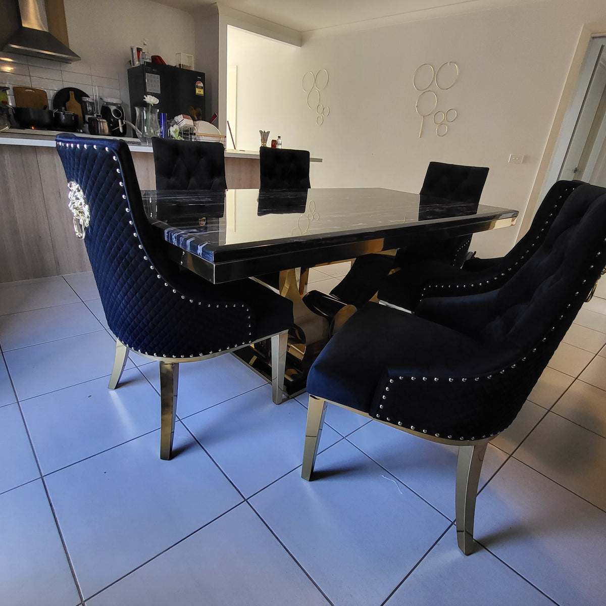 U-Shaped Marble Top Dining Table with Six Chairs