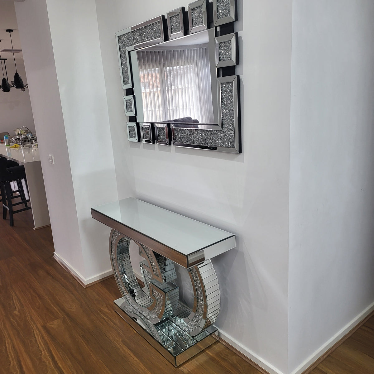 Adrian Console Table and Circle Mirror (Silver)