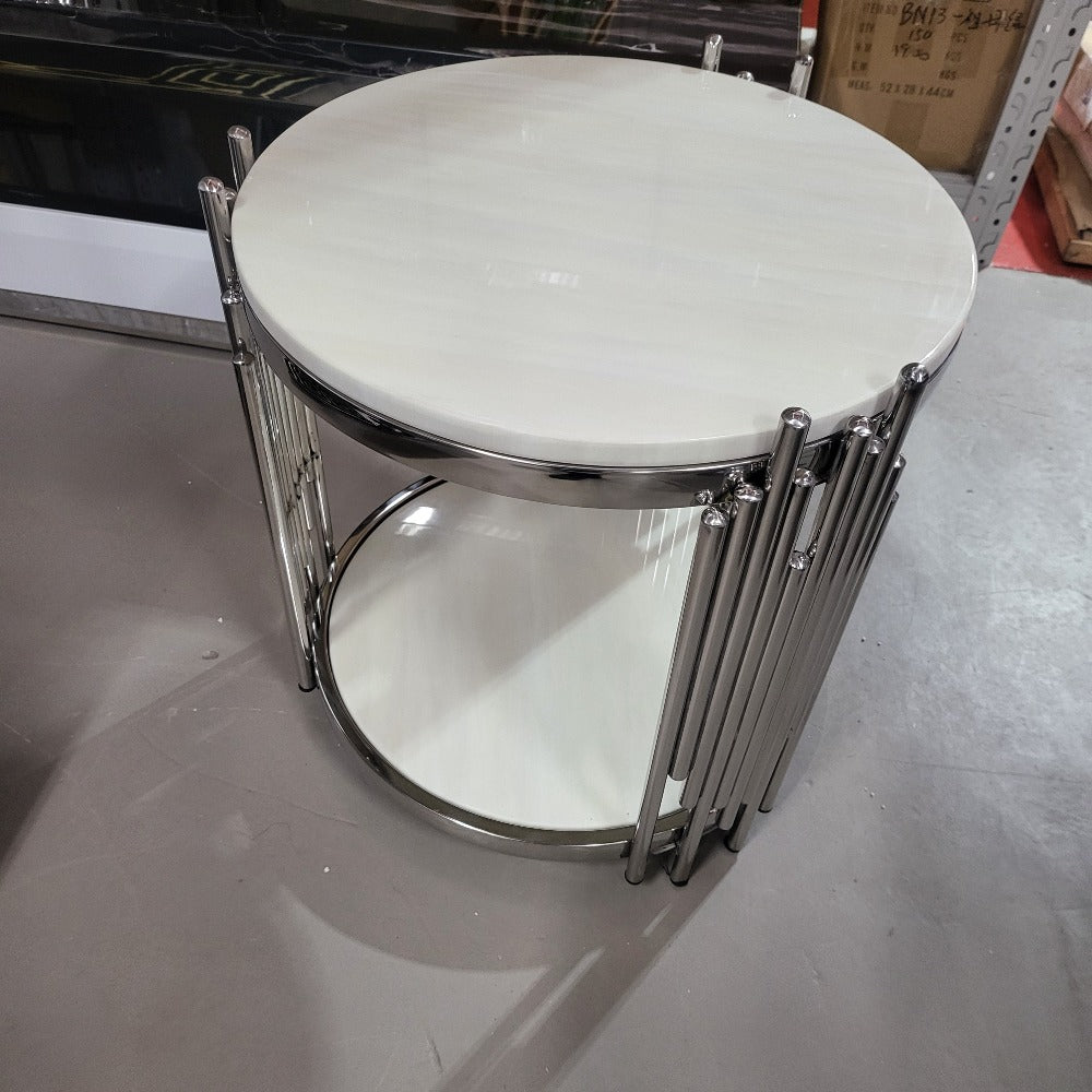 RBM Classic Home Online Store Shop with Elegant White Grey Classic Marble Top Side Table with Silver Stainless Steel Frame with Cream Marble  Top