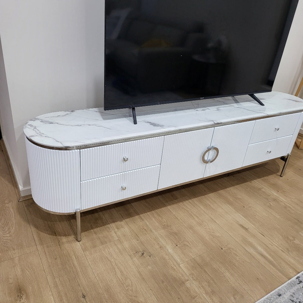 Classy Modern White TV Stand / Unit / Entertainment Unit in White MDF Material with 4 Storage Drawers and 2 Shelves with a matching coffee table in Silver Frames
