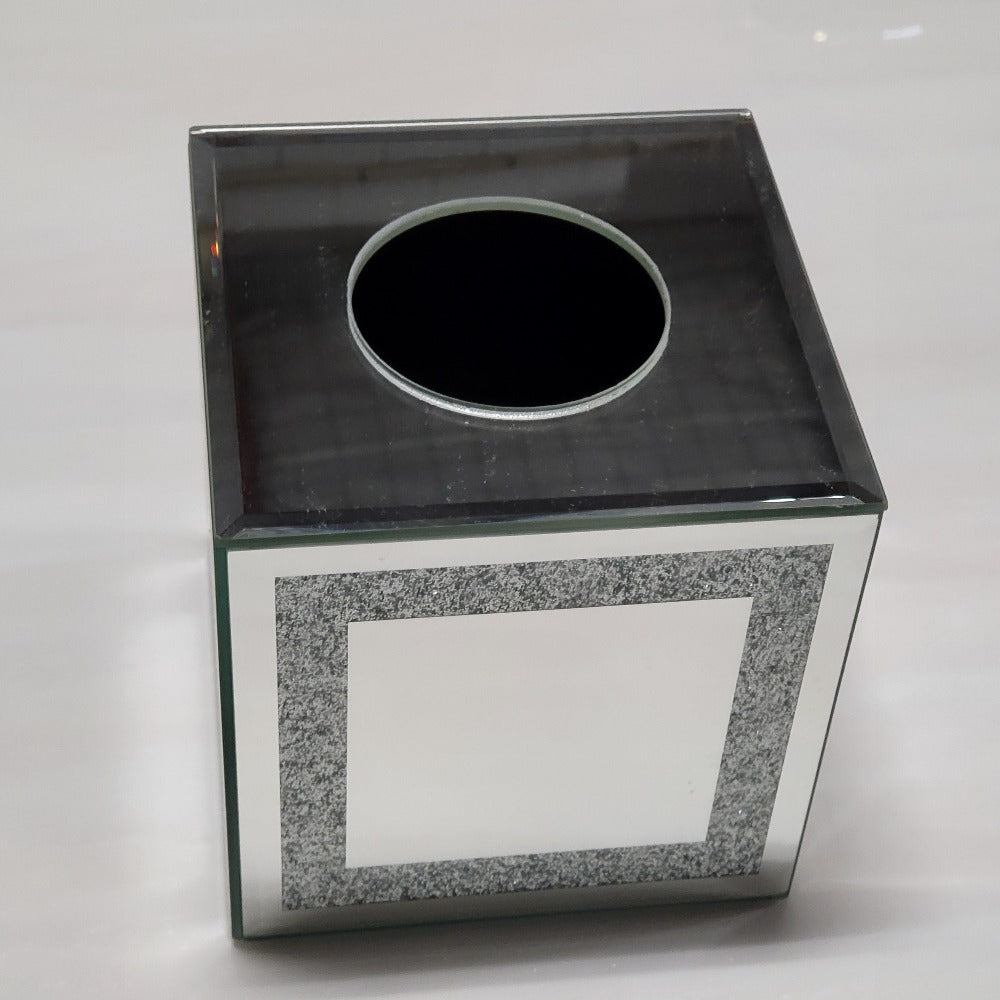 Cubed Glass Mirrored Decorative Tissue Box in Silver with Diamond-Crushed Sparkling Glass