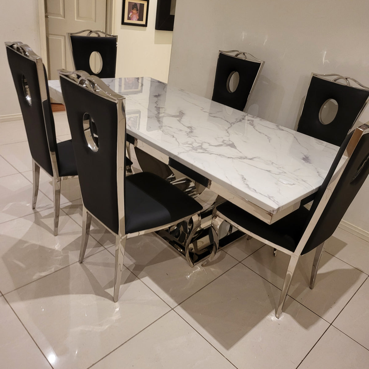U-Shaped Marble Top Dining Table with Six Chairs